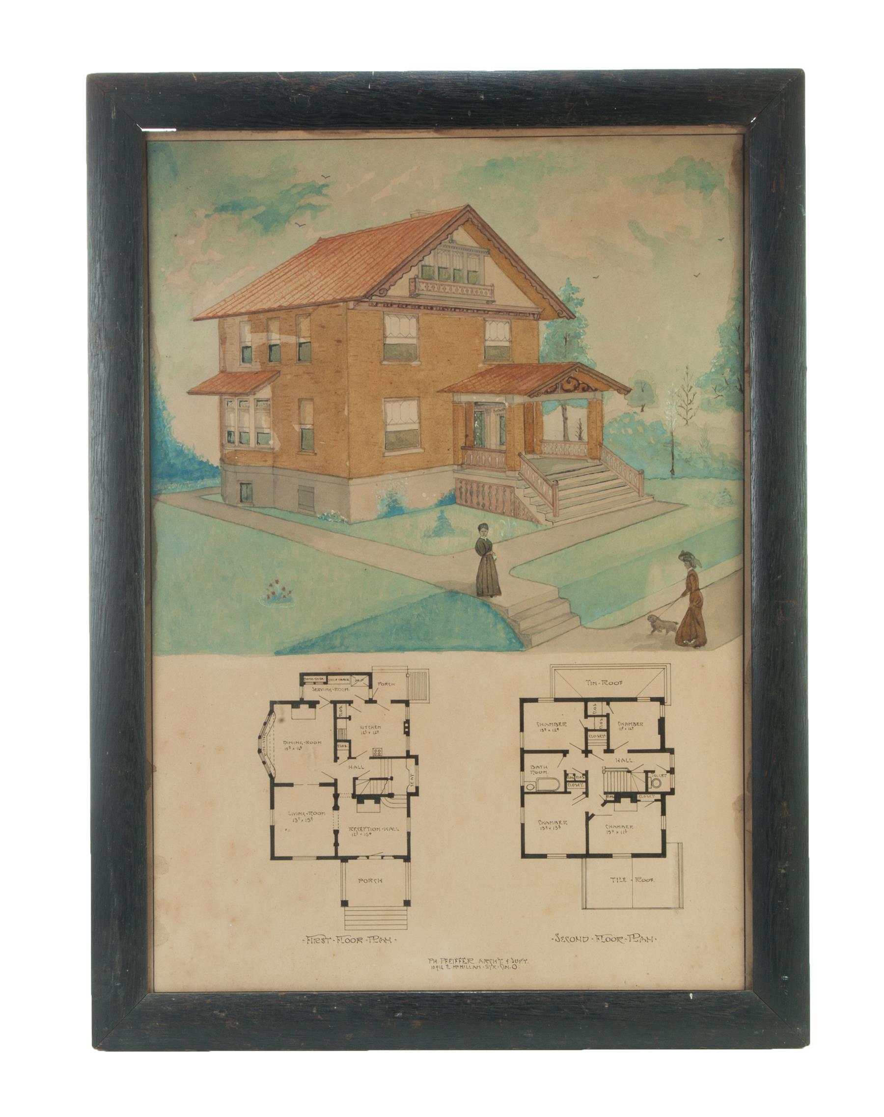 Appraisal: FRAMED OHIO ARCHITECTURAL LAYOUT OF HOME Ca Watercolor drawing of