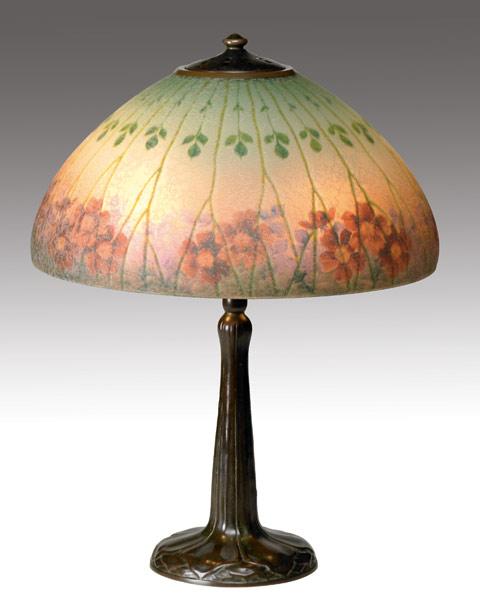 Appraisal: HANDEL Table lamp with a textured glass shade reverse-painted with