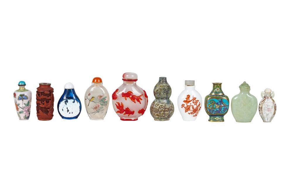 Appraisal: GROUP OF TEN DECORATIVE CHINESE SNUFF BOTTLESCondition three missing covers