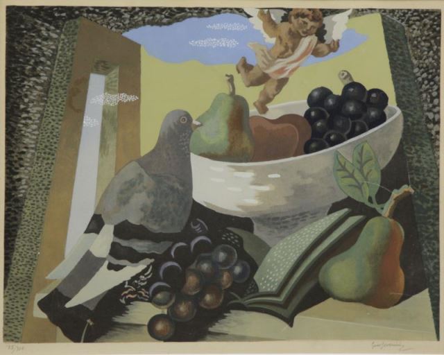 Appraisal: SEVERINI Gino Pochoir Still Life with Bowl ofFruit and Pigeon