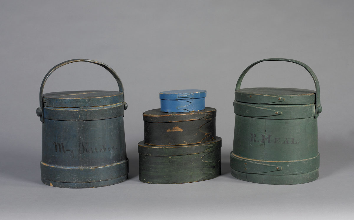 Appraisal: SHAKER STAVED FIRKIN IN BLUE-GREEN PAINT C S A WILDER