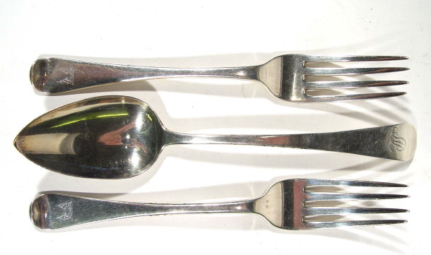 Appraisal: Two Georgian silver table forks and a Georgian silver tablespoon