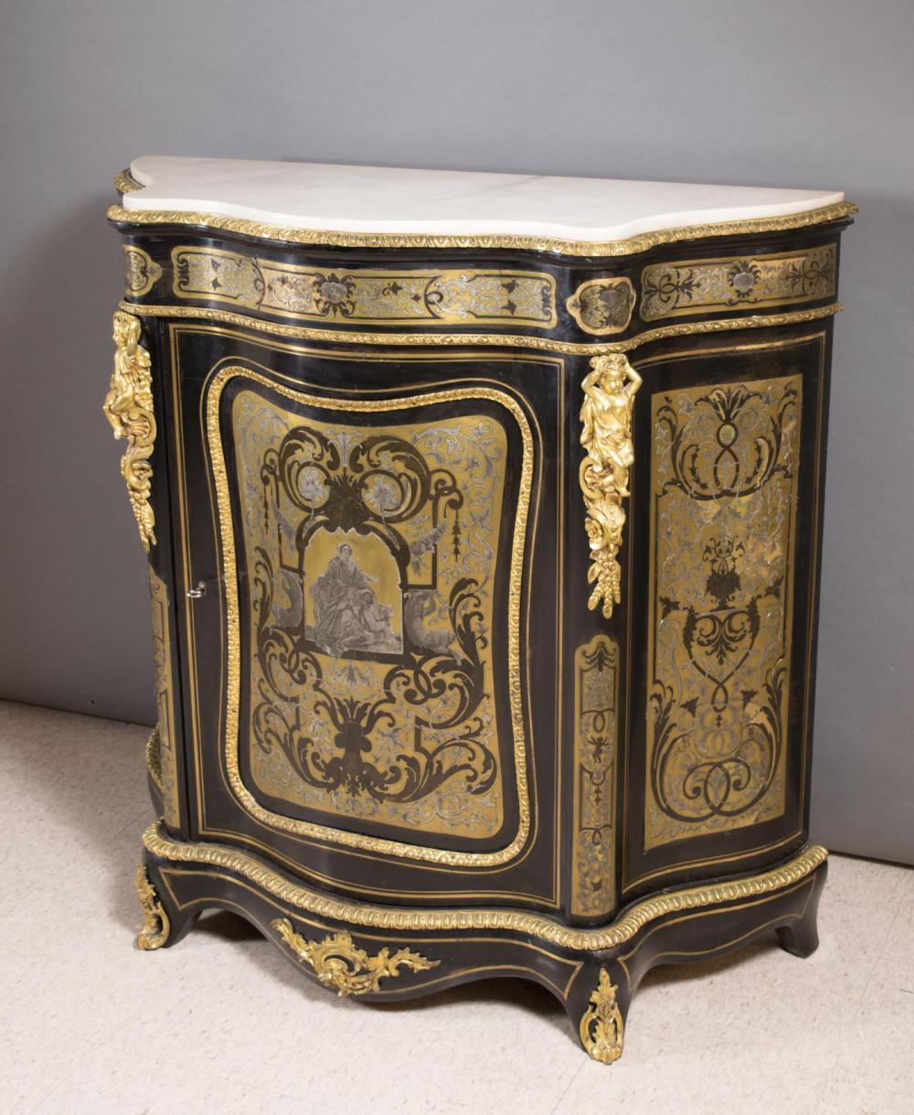 Appraisal: EBONIZED 'BOULLE' INLAID AND ORMOLU-MOUNTED SIDE CABINET French th century