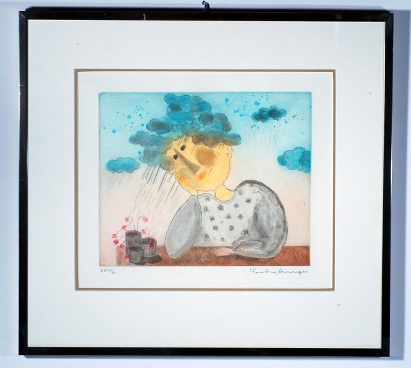 Appraisal: Print of girl with rain clouds as hair the rain