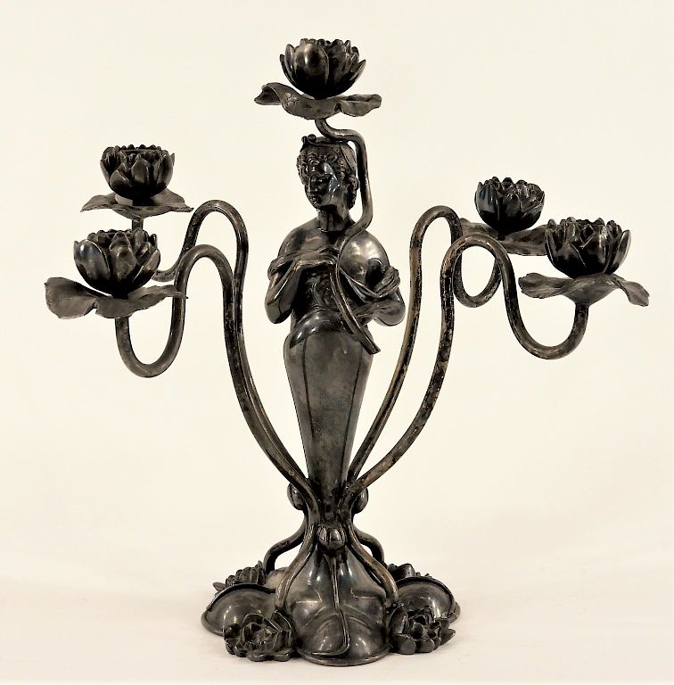 Appraisal: Art Nouveau Silverplate Figural Female Candelabra United States Circa Lobed