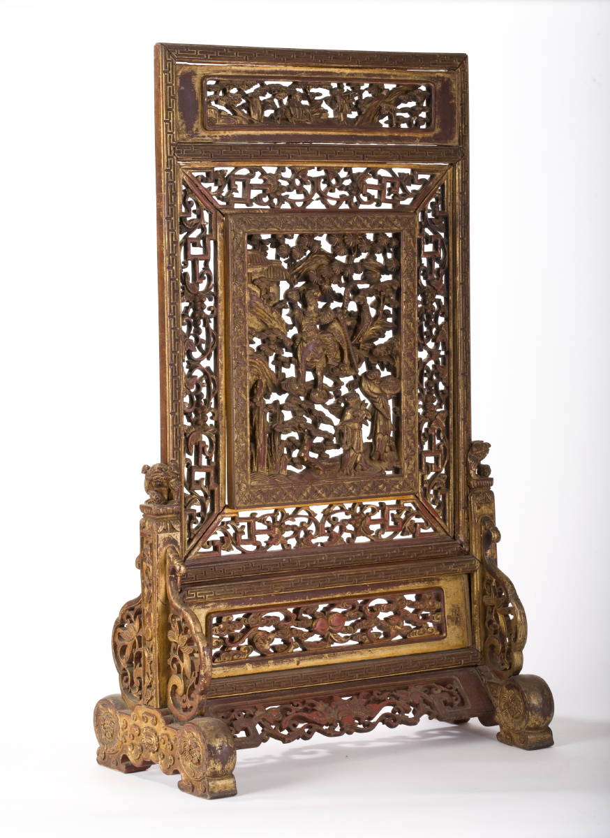 Appraisal: CHINESE CARVED TABLE SCREEN IN RED WITH GILT HIGHLIGHTS Height