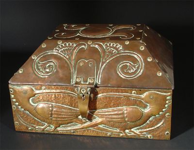 Appraisal: A large John Pearson copper jewellery casket rectangular with pitched