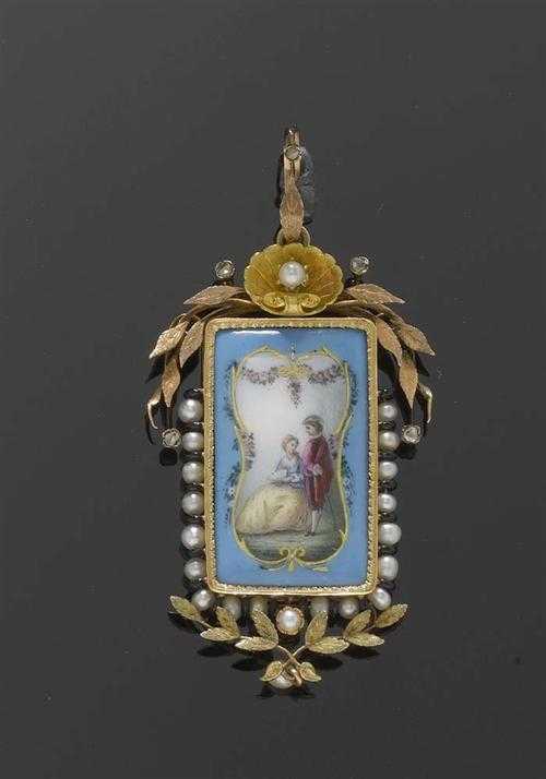 Appraisal: GOLD ENAMEL AND PEARL MEDAILLON PENDANT ca Ros - and