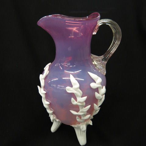 Appraisal: Cranberry Opalescent Art Glass Pitcher applied white leaves feet clear