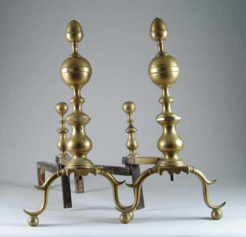 Appraisal: FINE PAIR OF BALL AND ACORN BRASS ANDIRONS Acorn finial