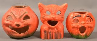 Appraisal: Three Halloween Paper Machine Lanterns Jack-o-lanterns cat Tallest - h