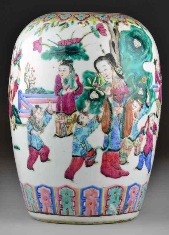 Appraisal: Chinese Qing Famille Rose Porcelain UrnFinely painted to depict a