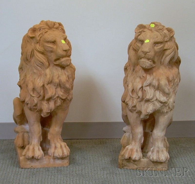 Appraisal: Pair of Modeled Terra-cotta Seated Lion Garden Ornaments ht in