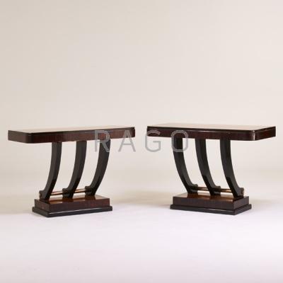 Appraisal: AMERICAN ART DECO Pair of console tables s Maple polychromed