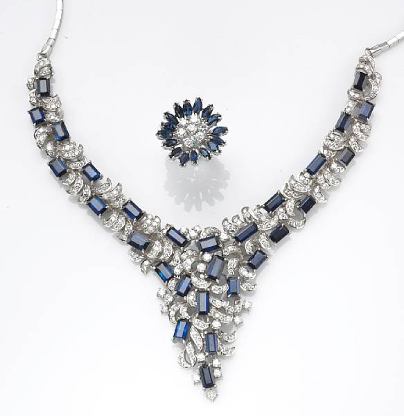 Appraisal: A sapphire diamond and k white gold necklace and ring