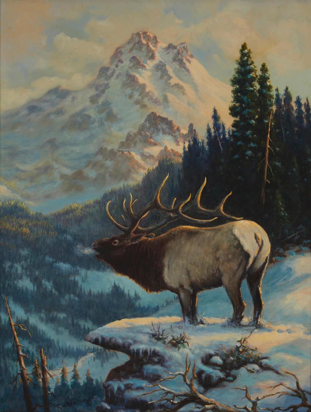 Appraisal: Ray Renfroe - Prescott AZ Winter landscape with elk Oil