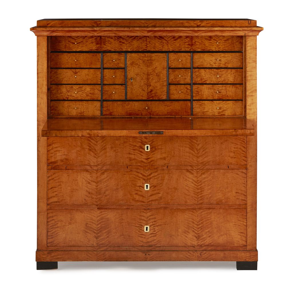 Appraisal: BIEDERMEIER SATIN BIRCH AND EBONISED FALL FRONT SECRETAIRE CIRCA the