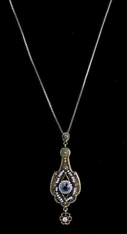 Appraisal: Art Deco K Sapphire Seed Pearl Filigree Necklace Art deco