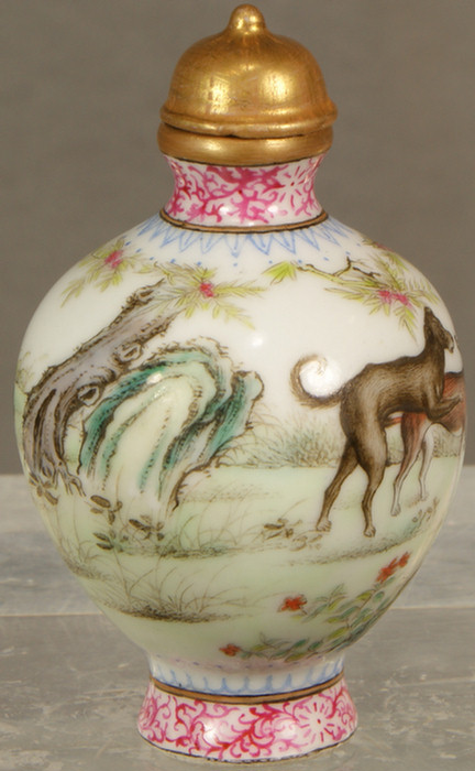 Appraisal: Exquisitely painted Famille Rose snuff bottle with European dogs mid