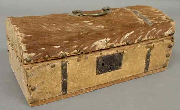 Appraisal: Deerskin covered storage box th c with a brass handle