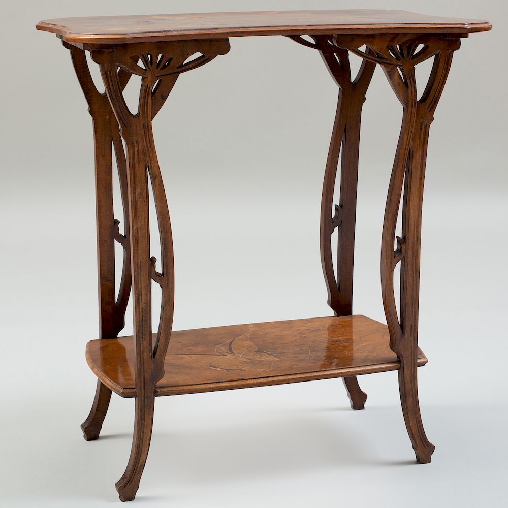 Appraisal: Art Nouveau Rosewood and Fruitwood Marquetry Concave Sided Two-Tiered Table