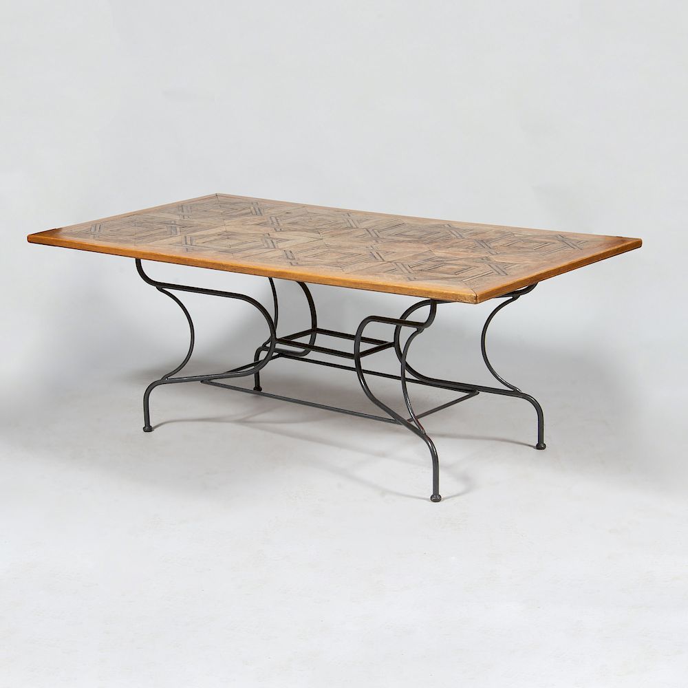 Appraisal: Oak Parquetry Top Table on Modern Iron Base x x