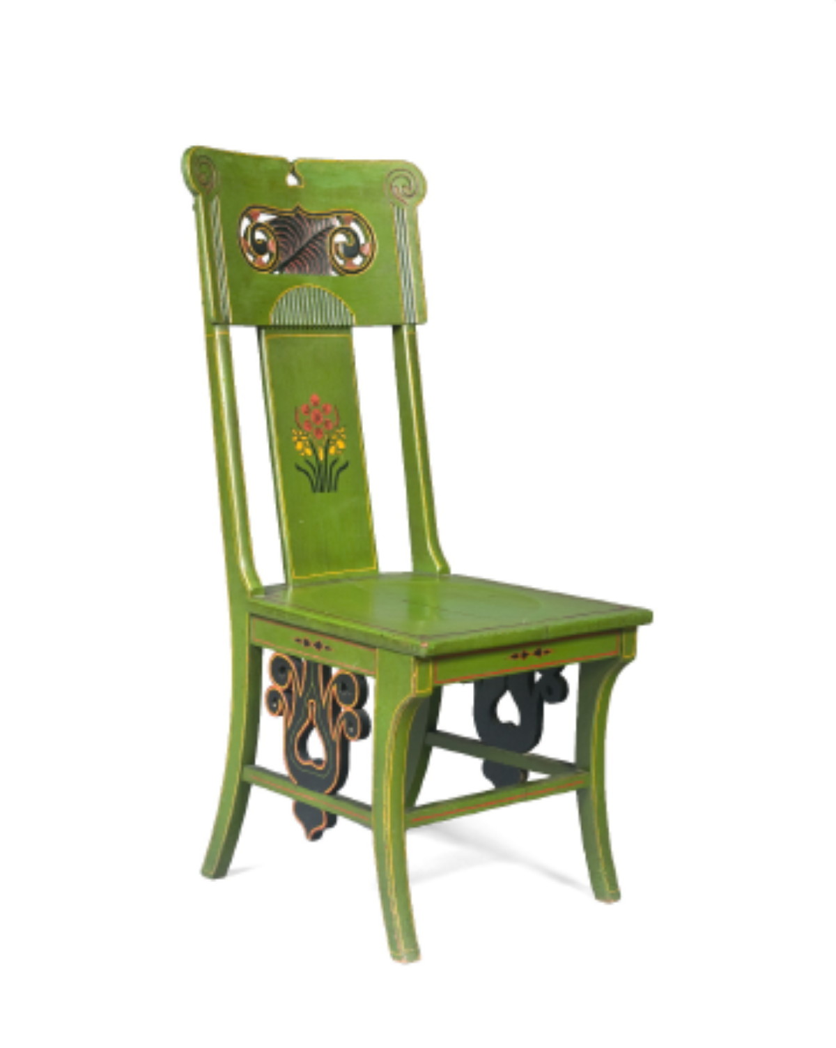 Appraisal: ART DECO CARVED AND PAINT-DECORATED SIDE CHAIR With leaf-carved pierced