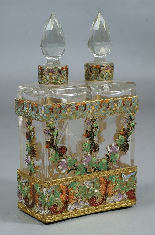 Appraisal: Brass cloisonn perfume bottle stand bottles framed stamped FRANCE tall