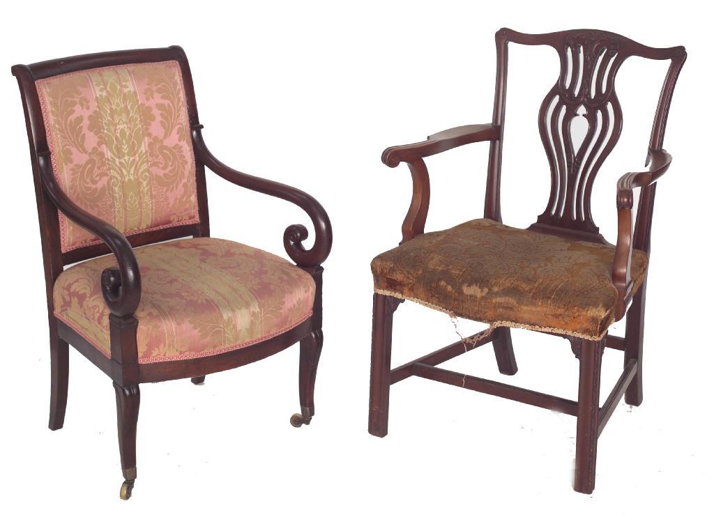 Appraisal: EMPIRE MAHOGANY FAUTEUIL in the English taste with scrolled back