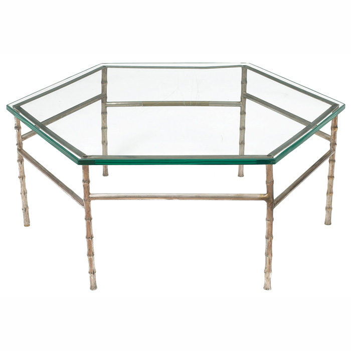 Appraisal: s coffee table maker unknown hexagonal metal frame in the