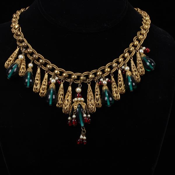 Appraisal: Unmarked Czech Brass Filigree Bib Necklace with Faux Pearls French