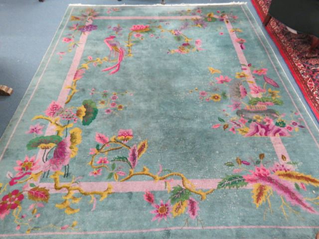 Appraisal: Art Deco Nichols Chinese Rug handmade floral on blue-green light