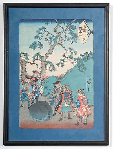 Appraisal: Japanese Woodblocks Japanese includes five framed woodblocks each with title