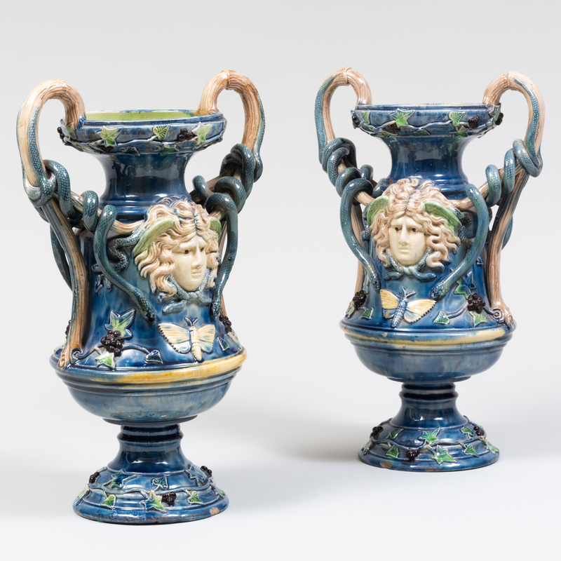 Appraisal: PAIR OF ITALIAN MAJOLICA URNS Unmarked x x in Condition