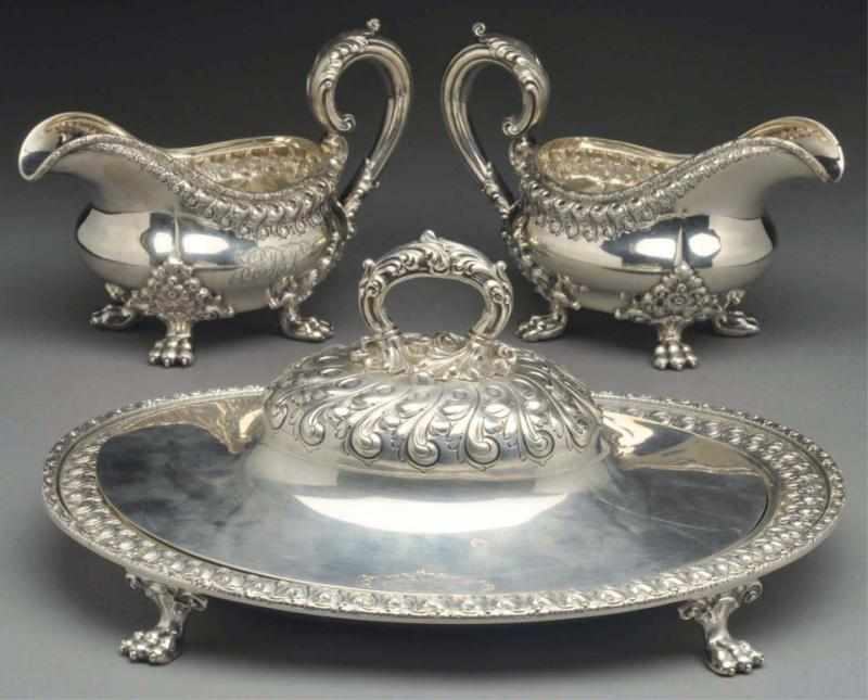 Appraisal: Pair of American Silver Gravy Boats Bacon Dish Theodore B