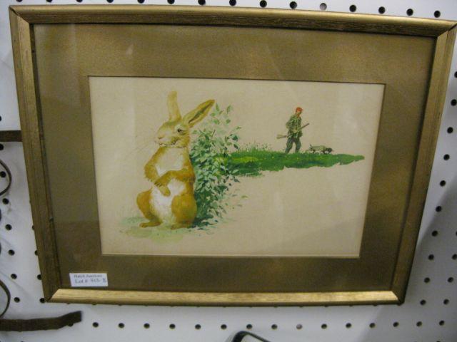 Appraisal: Fine Illustration Art Watercolor of Rabbit hiding from hunter dog