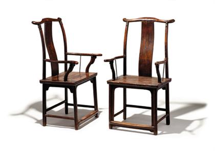 Appraisal: Pair of Chinese lacquered jumu and iron mounted yoke-back chairs