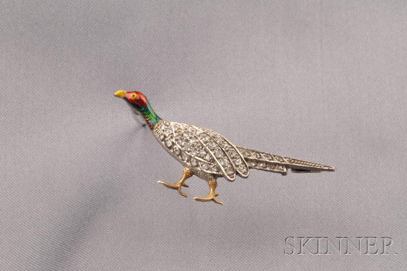 Appraisal: Diamond and Enamel Pheasant Brooch c with rose-cut diamond body