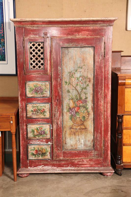 Appraisal: WARDROBE Country style in red paint with a cross hatched