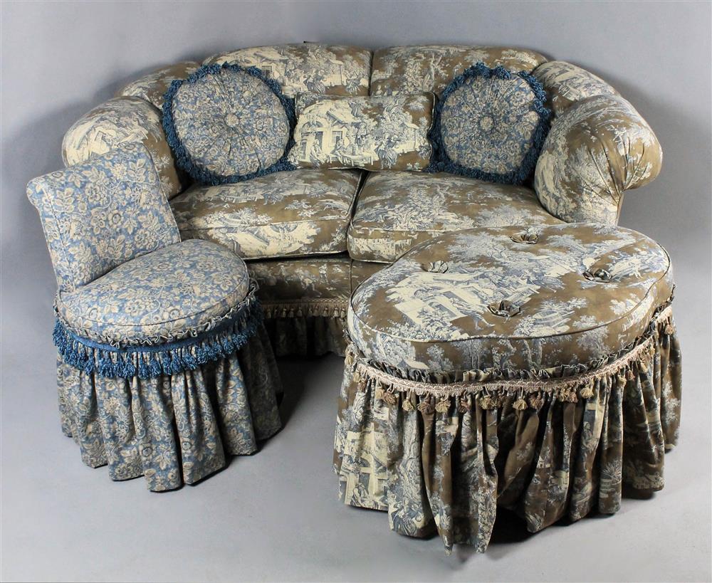 Appraisal: DESIGNER TOILE LOVESEAT WITH MATCHING OTTOMAN AND COORDINATING VANITY STOOL