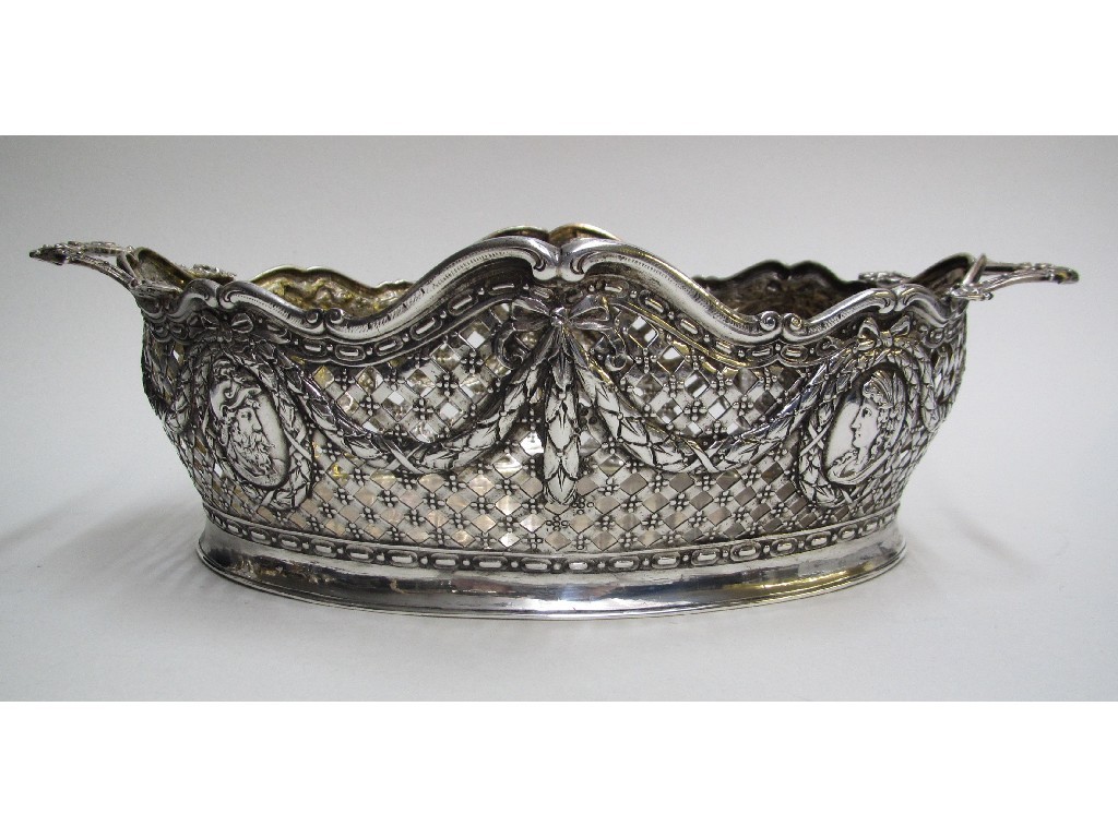 Appraisal: A Continental silver two handled pierced basket cast with classical