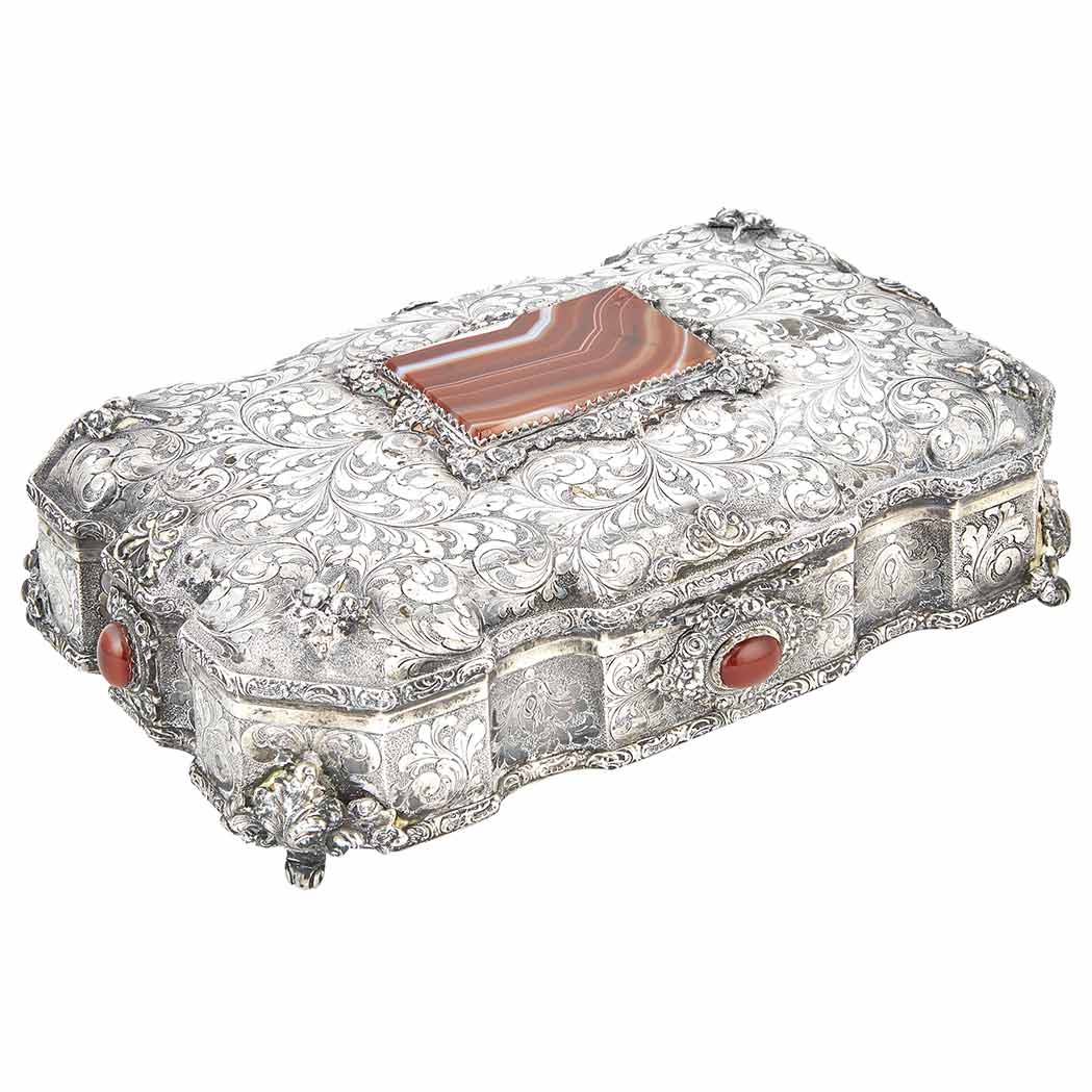 Appraisal: Italian Silver and Hardstone Casket th Century Of shaped rectangular