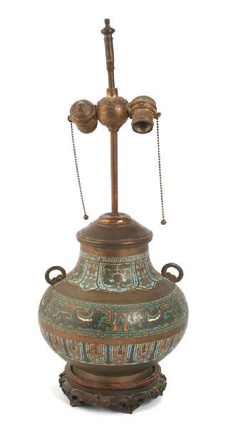 Appraisal: A champleve metal vase now as a lamp height in