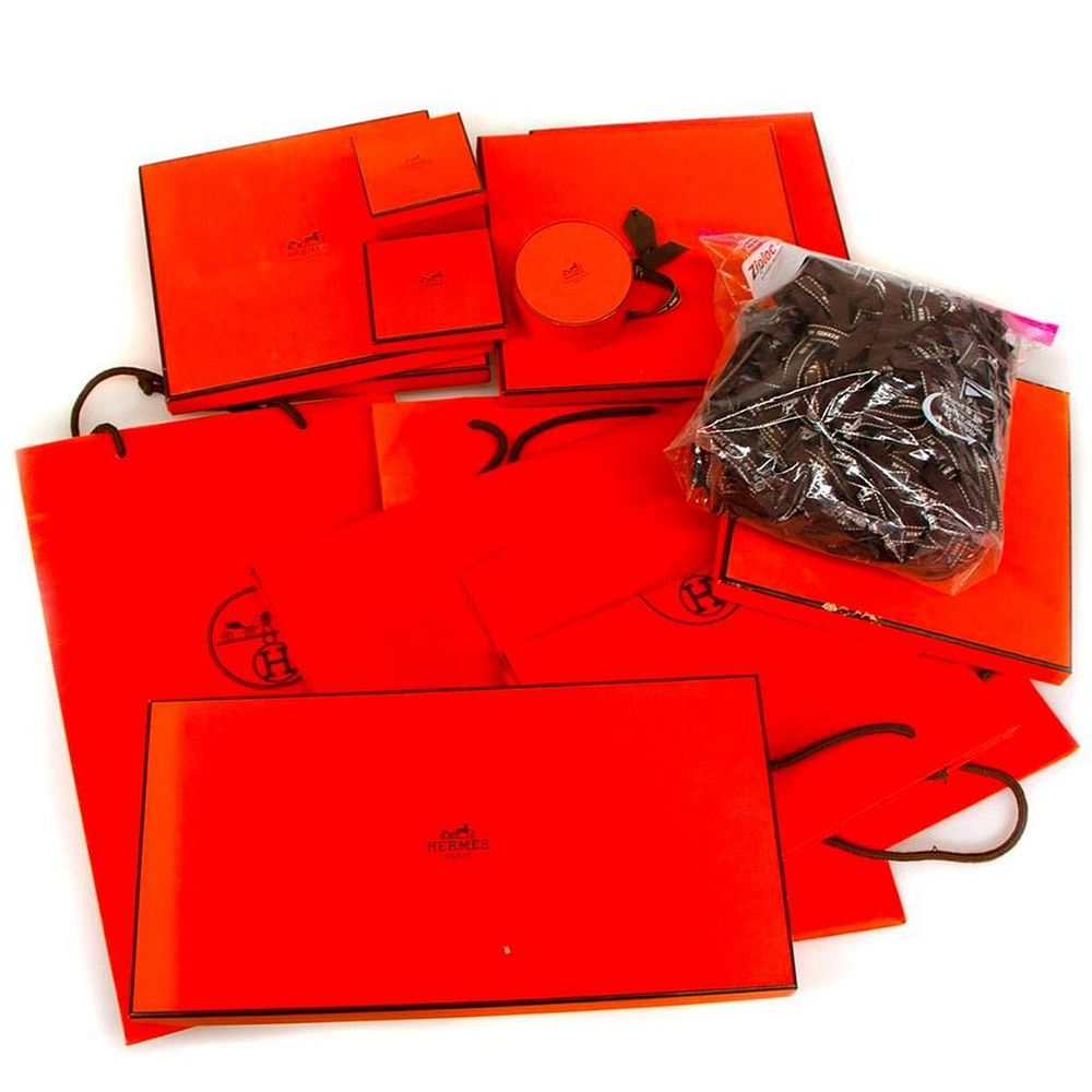 Appraisal: Collection of Hermes packaging boxes and bags with numerous ribbons