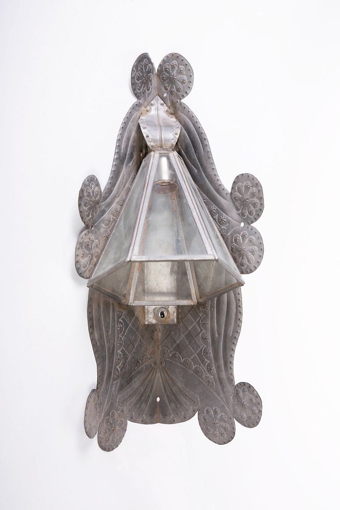 Appraisal: Tin Corner Sconce with Glass Shade ca New Mexico Revival