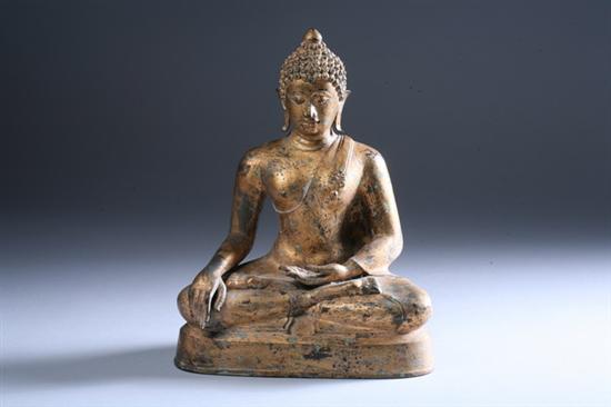 Appraisal: THAI GILT BRONZE FIGURE OF BUDDHA Seated in dhyanasana with