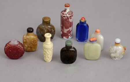 Appraisal: GROUP OF TEN CHINESE SNUFF BOTTLES AND ASSOCIATED STOPPERS Comprising