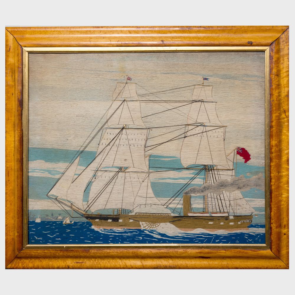 Appraisal: Large English Woolwork Picture of a Side-Wheel Paddleboat x in