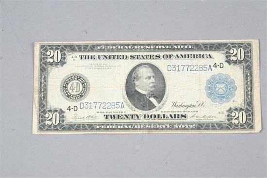 Appraisal: SERIES TWENTY DOLLAR BILL Drawn on the Federal Reserve Bank