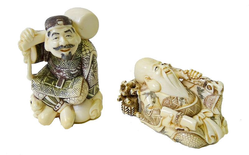 Appraisal: Two Chinese Carved Netsuke Figures Two Chinese Carved Ivory Netsuke